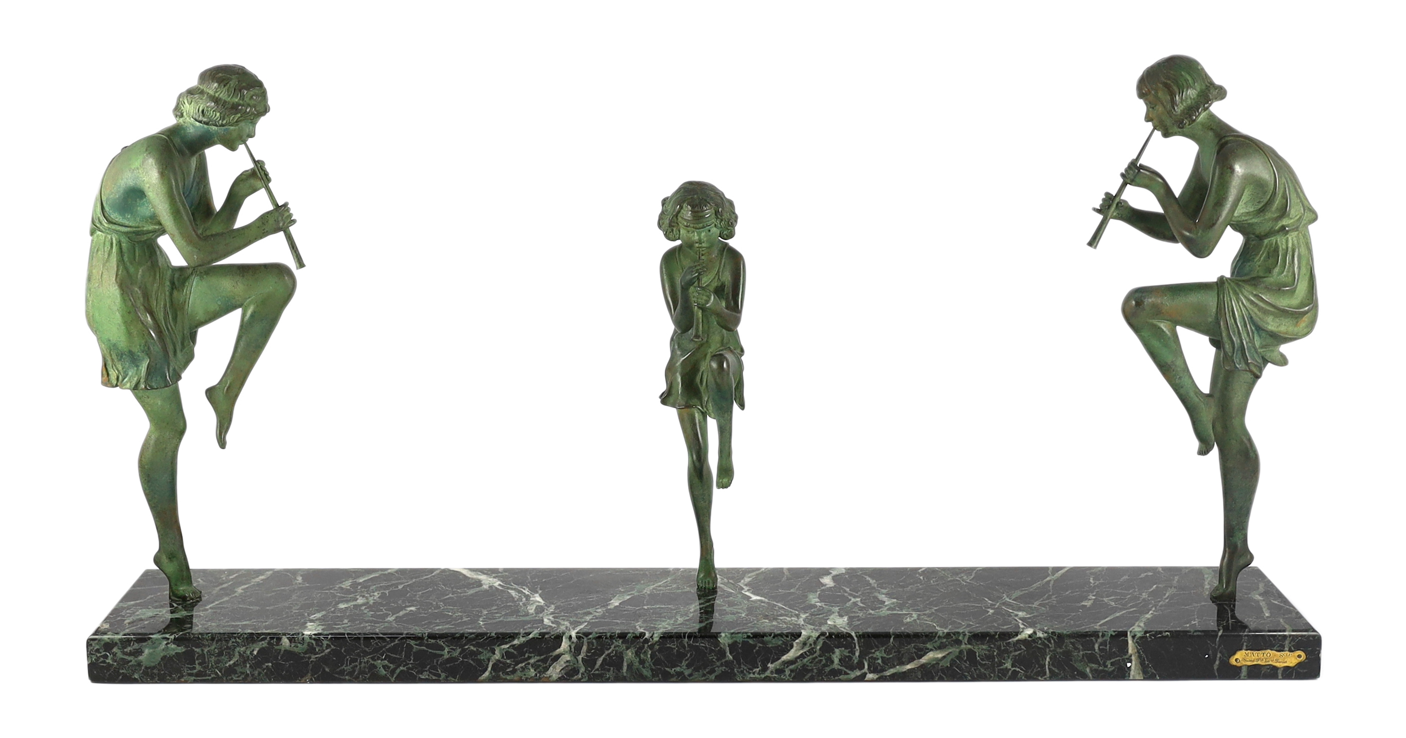 Philippe Matteau (Matto). An Art Deco bronze and marble group of three dancing pan pipers, 80cm wide, 15cm deep, 40cm high